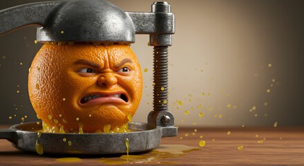 Orange Getting Squeezed with Angry Face in Juicer