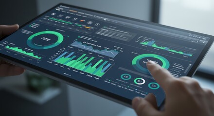Person using data analytics dashboard on tablet