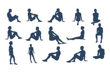 Minimalist Silhouette Set of Seated Human Figures. Minimalist Style, Casual Poses, with Varied Views and body types. Vector Illustration