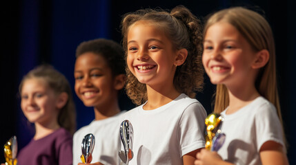 Group of diverse elementary school students smiling and holding trophies during an award ceremony, celebrating their achievements and accomplishments in education
