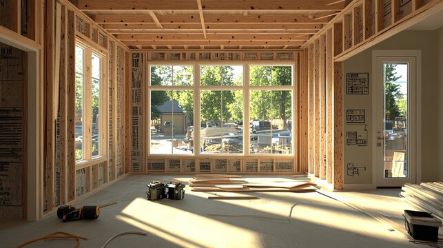 A construction project with tools and blueprints for a room addition.