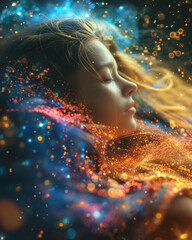 Eyes closed, a woman levitating with flowing hair and aura light surrounding her