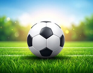 Fototapeta premium A white and black soccer ball rests on the green grass field, ready for a fun sports game under the sky