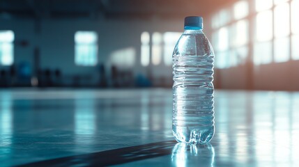 A clear water bottle rests on a textured gym floor.