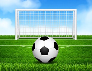 A white and black soccerball rests on the green grass of the football field, ready for a fun sports activity