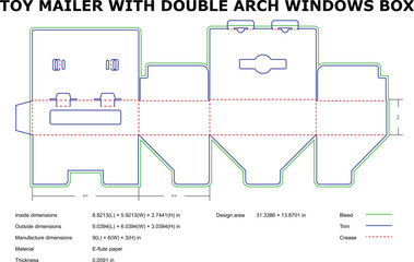 Detailed vector template of a toy mailer box with double arch window design