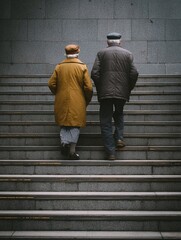 Elderly couple ascending a staircase in a public space, showcasing companionship and urban life