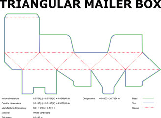 Detailed vector diagram of a triangular mailer box template with dimensions and cut lines