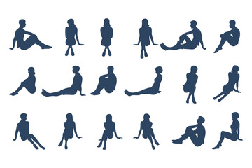 Minimalist Silhouette Set of Seated Human Figures. Minimalist Style, Casual Poses, with Varied Views and body types. Vector Illustration