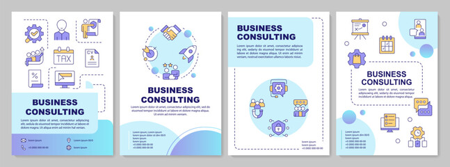 Business consulting process blue gradient brochure layout. Documentation organization. Leaflet advertising design with color line icons. Editable 4 pages. Arial-Bold, Myriad Pro-Regular fonts used