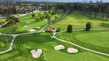 Panoramic drone shot of a airplane emergency landed on a golf course in LA