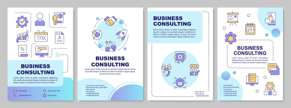 Business consulting process blue gradient brochure layout. Documentation organization. Leaflet advertising design with color line icons. Editable 4 pages. Arial-Bold, Myriad Pro-Regular fonts used
