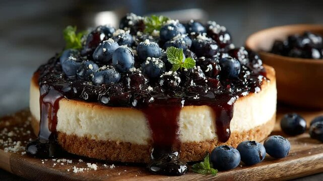 Blueberry cheesecake with fresh, whole blueberries on top.