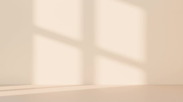3D beige studio room with a window shadow on the wall. Sunlight moves across the empty room. Background for product display, with space for text.
