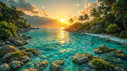 Fototapeta premium Breathtaking sunset over tropical lagoon scenic beach nature photography calm waters serene environment