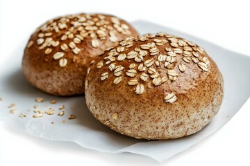 Two Freshly Baked Whole Wheat Rolls Sprinkled with Seeds for Nutritious and Rustic Bakery Delight