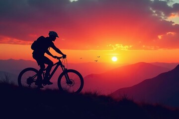 Obraz premium Silhouette of a mountain bike against a vibrant sunset, overlooking a mountain range , sunset, dusk, bicycle