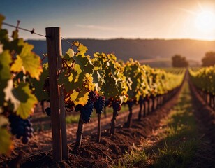 Golden light bathes the autumn vineyard landscape at sunset, painting the rural vines with hues of yellow and orange under a vast sky