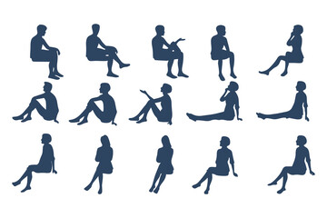 Minimalist Silhouette Set of Seated Human Figures. Minimalist Style, Casual Poses, with Varied Views and body types. Vector Illustration