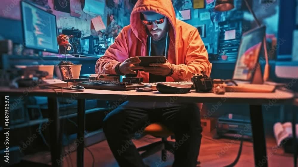 Poster a cybersecurity professional dressed in a hoodie and sunglasses is focused on a mobile device in a t