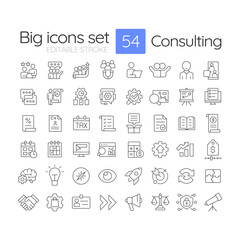 Consulting line icons set. Documentation management, workflow. Business planning, strategy. Finance, economics. Isolated vector outline illustrations. Thin lineart iconset symbols. Editable stroke