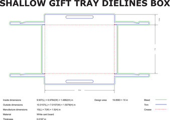 Detailed vector diagram of a shallow gift tray box dieline showing measurements and dimensions