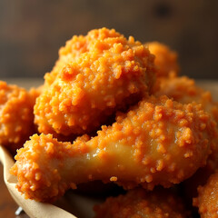 Crispy fried chicken served with golden fries, shredded cheese, and ketchup on wooden table