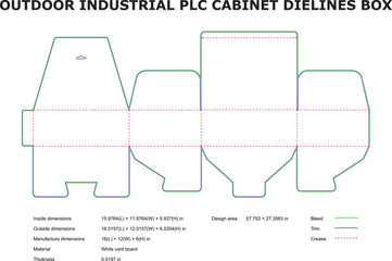 Die-cut template for an outdoor industrial plc cabinet packaging with dimensions and features.