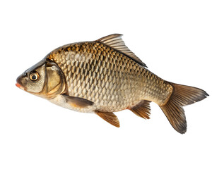 A fish is swimming in the water. It is brown and has a black spot on its head