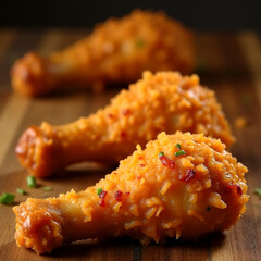 Crispy fried chicken served with golden fries, shredded cheese, and ketchup on wooden table