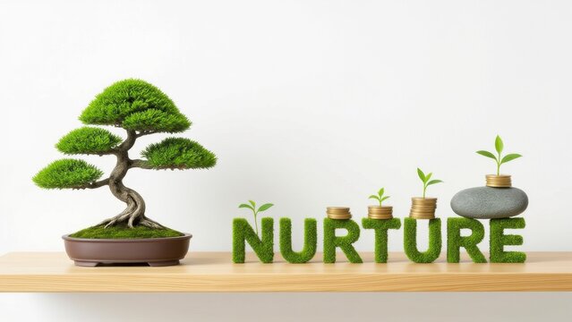 Nurturing growth through miniature bonsai trees and coins modern office environment indoor lifestyle concept - Powered by Adobe