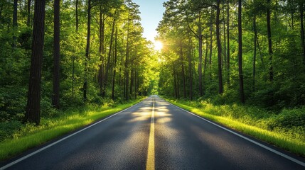 Obraz premium Serene forest road at sunset with sunlight filtering through trees