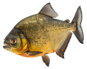 Fototapeta premium A large fish with a black and gold body and a red eye. The fish is swimming in the water