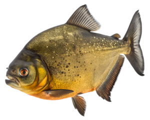 A large fish with a black and gold body and a red eye. The fish is swimming in the water
