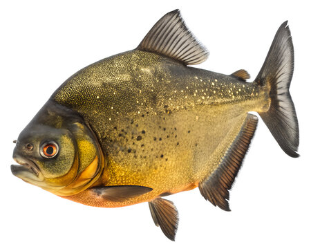 A large fish with a black and gold body and a red eye. The fish is swimming in the water