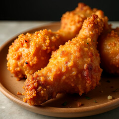 Crispy fried chicken served with golden fries, shredded cheese, and ketchup on wooden table