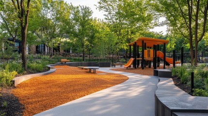 Modern park playground with orange slide and benches on a sunny day