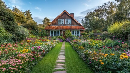 Charming cottage with colorful garden path under clear blue sky