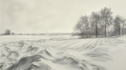 A tranquil winter landscape sketched in soft greys.