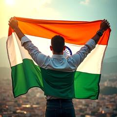 A person holding the Indian flag against a vibrant sunlight sky in a serene outdoor location. celebrating independence day of india.