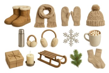set of winter accessories with warm woolen clothes and cozy elements isolated on white background. concept of cold weather gear, seasonal decor, holiday comfort.