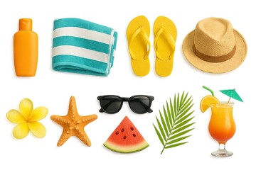 summer essentials collection with straw hat, flip flops, beach towel, sunglasses, tropical drink, and fruits isolated on white background. concept of summer fun, vacation style, beach items.