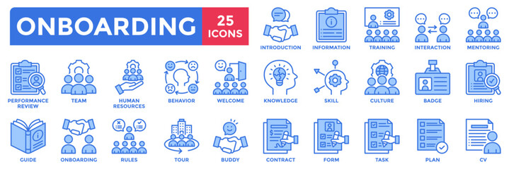 Onboarding icon collection set. Containing hiring, welcome, introduction, training, interaction, mentoring, performance review icon. Simple blue vector illustration.	