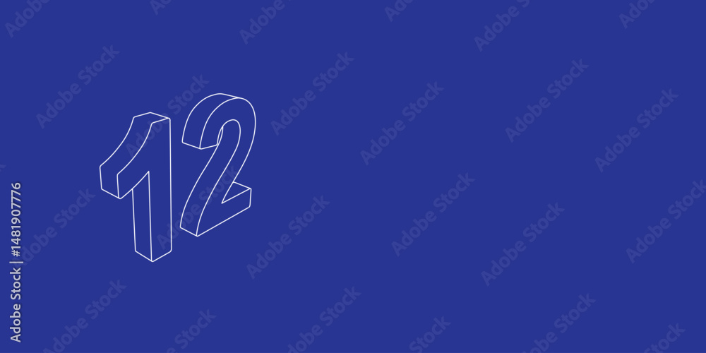 Poster the outline of a large twelve number made of white lines on the left. 3d view of the object in persp