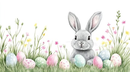 Pastel colored Easter bunny surrounded by eggs and flowers.