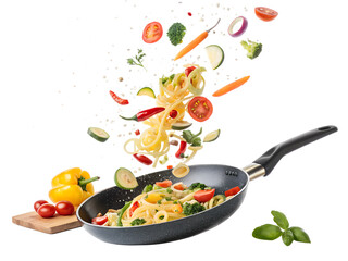 A pan of food is being tossed in the air with vegetables and noodles. Concept of excitement and energy, as if the food is being prepared for a special occasion or celebration