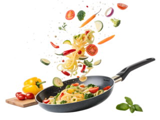 A pan of food is being tossed in the air with vegetables and noodles. Concept of excitement and energy, as if the food is being prepared for a special occasion or celebration