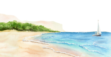 Watercolor seascape with sailboat near ocean coast and picturesque beach with tropical nature. Summer vacation and travel clip art for tourism designs and spa resort illustrations