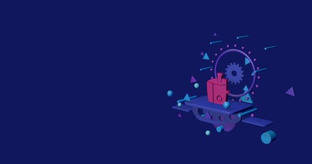 Obraz premium Pink juicer symbol on a pedestal of abstract geometric shapes floating in the air. Abstract concept art with flying shapes on the right. 3d illustration on indigo background