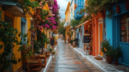 Obraz premium Charming colorful street in mediterranean village with flowers and cafes
